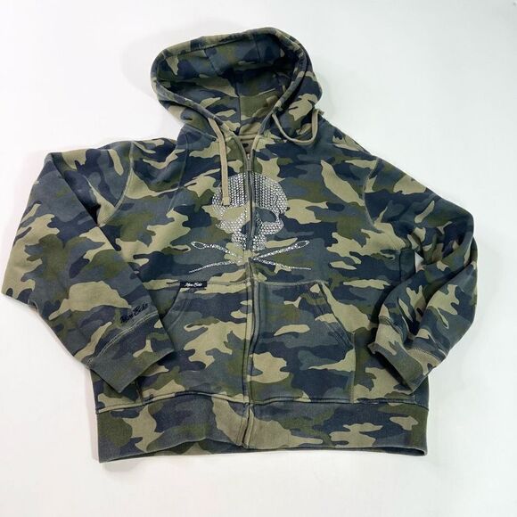 Marc Ecko Hoodie Mens Large Army Green Camo Skull Print Full Zip - Picture 2 of 11
